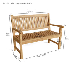 Anderson Teak Del-Amo 2-seater bench with teak wood slats and sturdy metal legs, outdoor garden furniture seat.