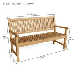 Anderson Teak 3-seater bench with slatted wooden design for outdoor or patio seating.