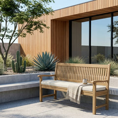 Anderson Teak DEL-AMO 4-seater bench in a natural wood finish, showcasing its sleek design and smooth wooden surface.