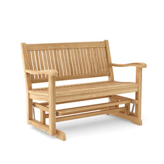 Anderson Teak DEL-AMO GLIDER bench in 9 designer colors, featuring sleek teak wood design and comfortable seating.
