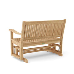 Anderson Teak DEL-AMO GLIDER bench in 9 designer colors, featuring a sleek teak wood design with comfortable seating.