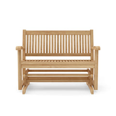 Anderson Teak DEL-AMO GLIDER bench in one of nine designer colors, featuring a sleek teak wood design with a comfortable, modern seating area.