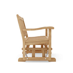 Anderson Teak DEL-AMO GLIDER bench in 9 designer colors, showcasing a sleek wooden outdoor seating with a smooth gliding mechanism.