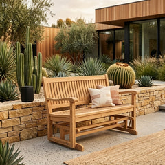 Anderson Teak DEL-AMO GLIDER bench in 9 designer colors, featuring a sleek teak wood design and comfortable seating.