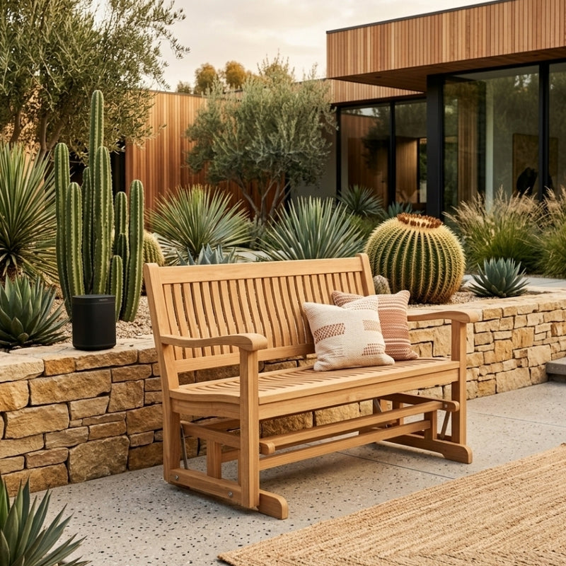 Anderson Teak DEL-AMO GLIDER bench in 9 designer colors, featuring a sleek teak wood design and comfortable seating.