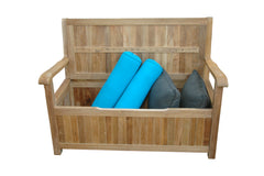 Anderson Teak DEL-AMO storage bench in nine designer colors, featuring a sleek wooden design with a cushioned top.