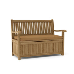Anderson Teak DEL-AMO Storage Bench in outdoor teak, featuring a solid wood design and available in nine designer colors.