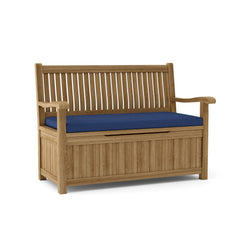 Anderson Teak DEL-AMO storage bench in natural teak wood with optional designer colors, outdoor patio bench for garden lounge.