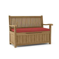 Anderson Teak DEL-AMO Storage Bench in natural teak solid wood, outdoor patio bench with 9 designer color options for garden lounge.