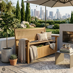Anderson Teak DEL-AMO storage bench in 9 designer colors, featuring a sleek wooden design with storage compartment.