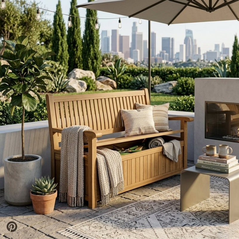 Anderson Teak DEL-AMO storage bench in 9 designer colors, featuring a sleek wooden design with storage compartment.