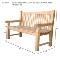 Anderson Teak Devonshire 3-seater bench with handcrafted flower design, available in 9 designer colors, made of extra thick teak wood.