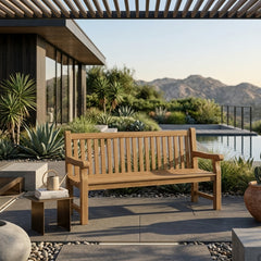 Anderson Teak Marlborough 2-seater bench in natural wood finish with a sleek design and smooth wooden slats.