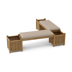 Teak wood outdoor planter bench by Anderson Teak, featuring a garden lounge design in nine designer colors.