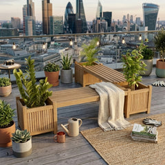 Anderson Teak planter bench in 9 designer colors, showcasing a stylish outdoor wooden bench with planters on each end.