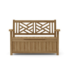VILANO storage bench by Anderson Teak in one of nine designer colors, made of solid teak wood for outdoor garden lounge seating.
