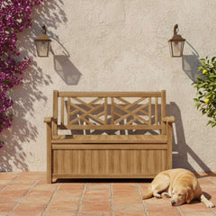 Anderson Teak Vilano Storage Bench in natural teak, outdoor patio bench with storage, available in nine designer colors.