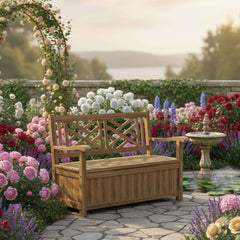 Anderson Teak Vilano storage bench in natural teak with sleek design, available in 9 designer colors for outdoor garden lounge.