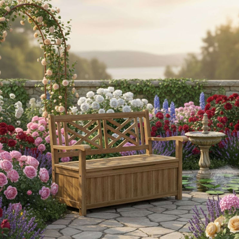 Anderson Teak Vilano storage bench in natural teak with sleek design, available in 9 designer colors for outdoor garden lounge.