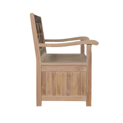 Anderson Teak Vilano storage bench in natural teak wood, outdoor patio bench with sleek design and nine designer color options.
