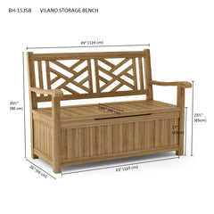 Anderson Teak Vilano storage bench in natural teak, outdoor patio bench with a sleek design and nine designer color options.