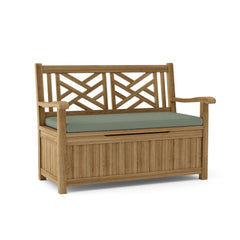 Anderson Teak Vilano storage bench in natural teak wood, outdoor patio bench with a sleek design and 9 vibrant color options.