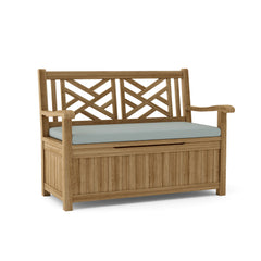 Anderson Teak Vilano Storage Bench in natural teak wood with nine designer color options, outdoor patio garden lounge seat
