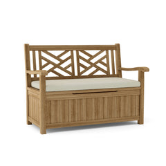 Anderson Teak Vilano storage bench made of A-grade teak, outdoor patio bench with 9 designer color options, ideal for garden lounge.