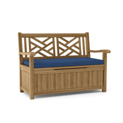 Anderson Teak Vilano storage bench made of solid A-grade teak wood, featuring nine designer colors, outdoor patio garden lounge bench