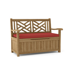 Anderson Teak Vilano storage bench in natural teak finish, outdoor patio bench with built-in storage and nine designer color options.