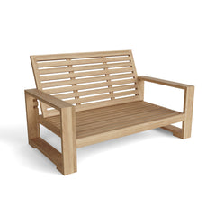 Anderson Teak Capistrano deep seating loveseat in designer colors, featuring comfortable cushions and modern outdoor design.