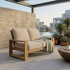 Anderson Teak Capistrano Deep Seating Loveseats in natural canvas, outdoor patio furniture for small spaces, available in 9 designer colors.