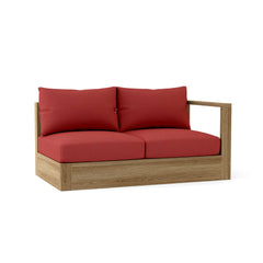 Anderson Teak Copacabana teak wood outdoor loveseat, left modular seat in cast mist color, part of 9 designer color options for small patios.