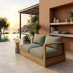 Anderson Teak Copacabana teak wood outdoor loveseat, left modular seat with deep seating in cast mist color, designed for small patios.