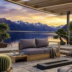 Anderson Teak Copacabana teak wood outdoor loveseat, left modular seat, in cast mist color, designed for small patios, 9 color options.