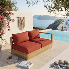 Anderson Teak Copacabana teak wood outdoor loveseat, left modular design, in cast mist color, perfect for small patio spaces.