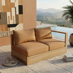 Anderson Teak Copacabana teak wood outdoor loveseats, left side modular love seat in cast mist color, for small patio spaces.