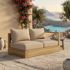 Anderson Teak Copacabana teak wood outdoor loveseat, modular left love seat in cast mist, with 9 designer color options.