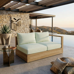 Anderson Teak Copacabana teak wood outdoor patio left love seat in cast mist, modular design, perfect for small spaces, in 9 designer colors.