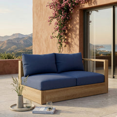 Anderson Teak Copacabana teak wood outdoor loveseat in cast mist, modular design, perfect for small patio spaces, available in 9 colors.