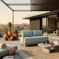 Anderson Teak Granada deep seating loveseat in one of nine designer colors, showcasing plush cushions and modern outdoor furniture design.