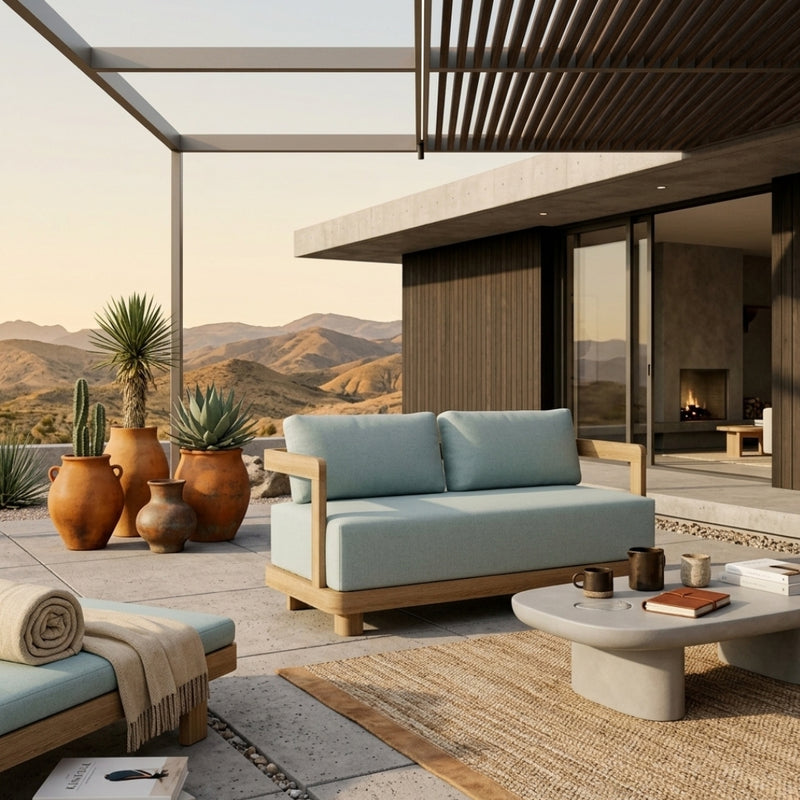 Anderson Teak Granada deep seating loveseat in one of nine designer colors, showcasing plush cushions and modern outdoor furniture design.