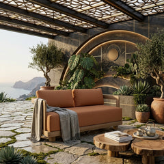 Anderson Teak Granada deep seating loveseat in cast mist finish, outdoor teak wood with elegant design for small patio spaces.