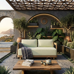 Anderson Teak Granada deep seating loveseat in cast mist finish, outdoor teak wood patio furniture for small elegant spaces.