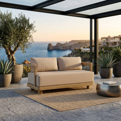 Anderson Teak Granada deep seating loveseat in cast mist finish, outdoor teak wood with elegant design, available in 9 designer colors.
