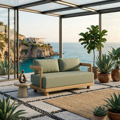 Anderson Teak Granada deep outdoor patio loveseat made of A-grade teak, available in 9 designer colors, perfect for small elegant spaces.