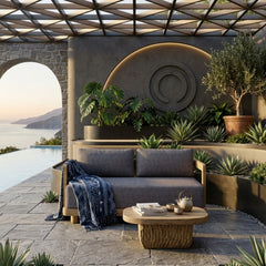 Anderson Teak Granada deep outdoor loveseat in cast mist finish, made of solid teak wood, designed for small elegant patio spaces.