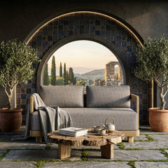 Anderson Teak Granada deep outdoor loveseat in cast mist finish, featuring elegant design and available in 9 designer colors.