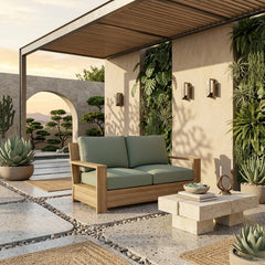Anderson Teak Madera Deep Seating Loveseat in 9 designer colors, featuring modern teak wood frame and plush cushions for outdoor relaxation.