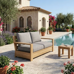 Anderson Teak Madera Deep Seating Loveseats in cast mist, outdoor patio furniture, small elegant space, 9 designer colors.